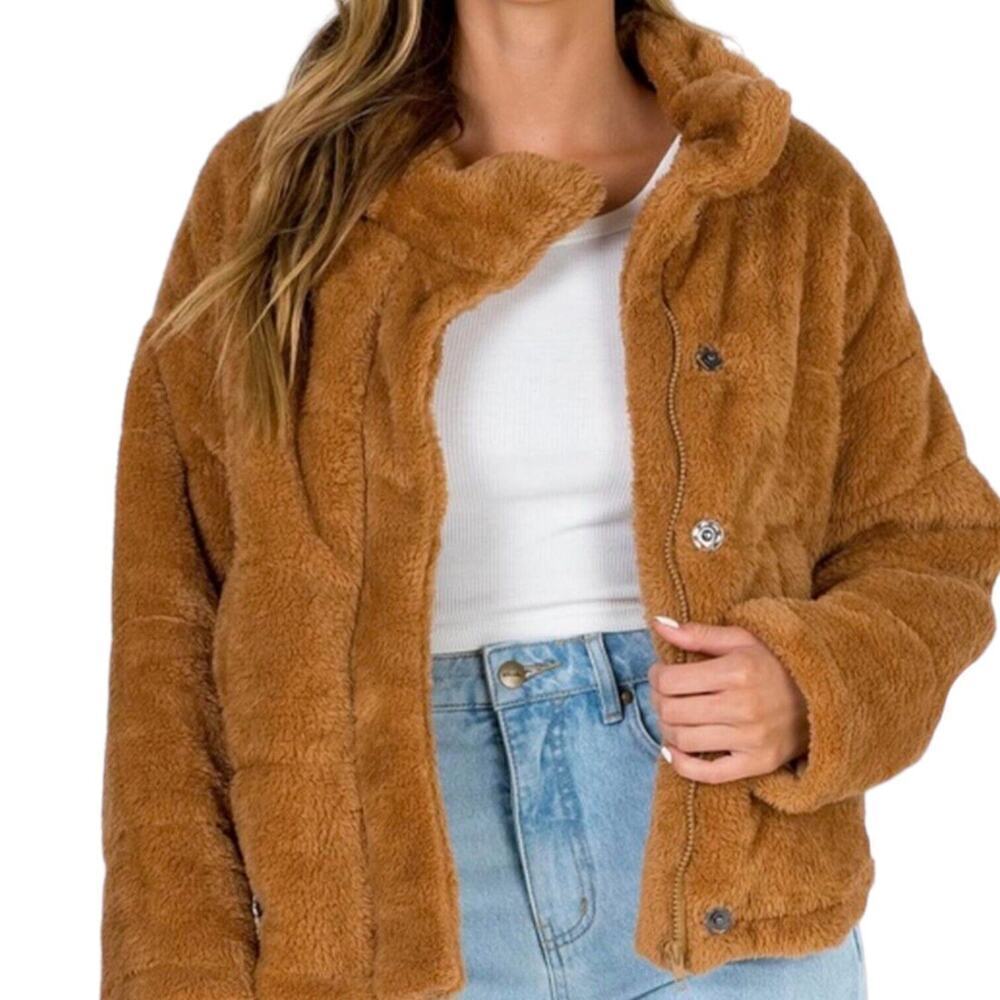 Princess Polly Brown Relaxed Fit Faux Fur Full Zip Snap Teddy Jacket Size 6
